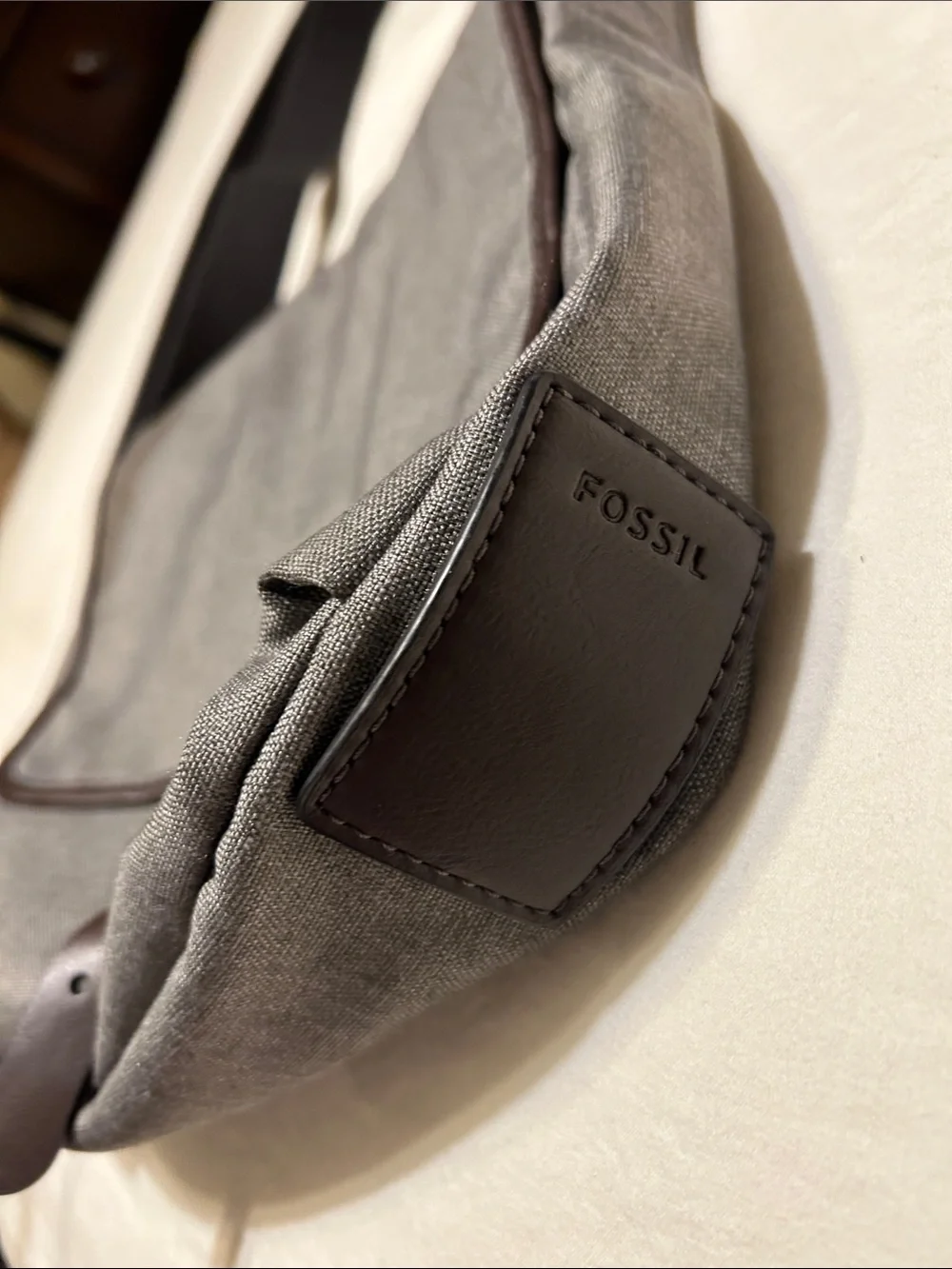 Fossil Gray Canvas Messenger Bag with Brown Trim